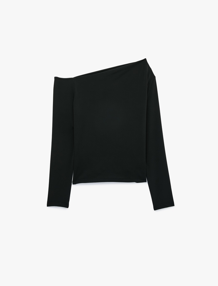  Slim Fit Drapeli Asimetrik Kesim Uzun Kollu Tek Omuz Tişört