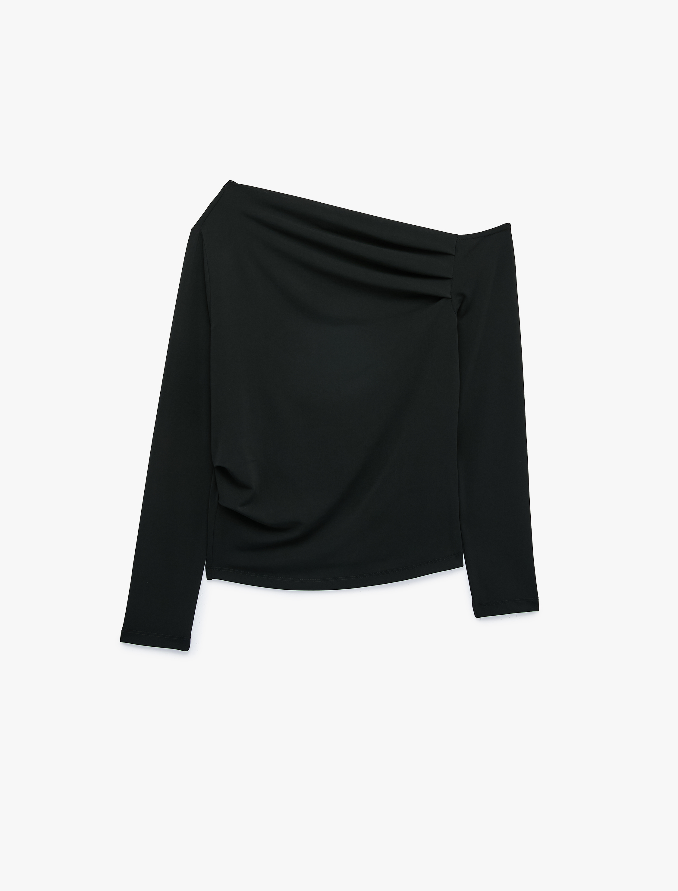   Slim Fit Drapeli Asimetrik Kesim Uzun Kollu Tek Omuz Tişört