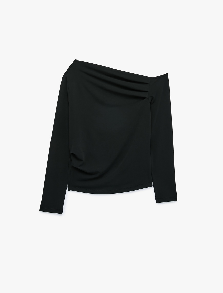 Koton Kadın Slim Fit Drapeli Asimetrik Kesim Uzun Kollu Tek Omuz Tişört