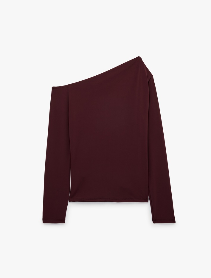  Slim Fit Drapeli Asimetrik Kesim Uzun Kollu Tek Omuz Tişört