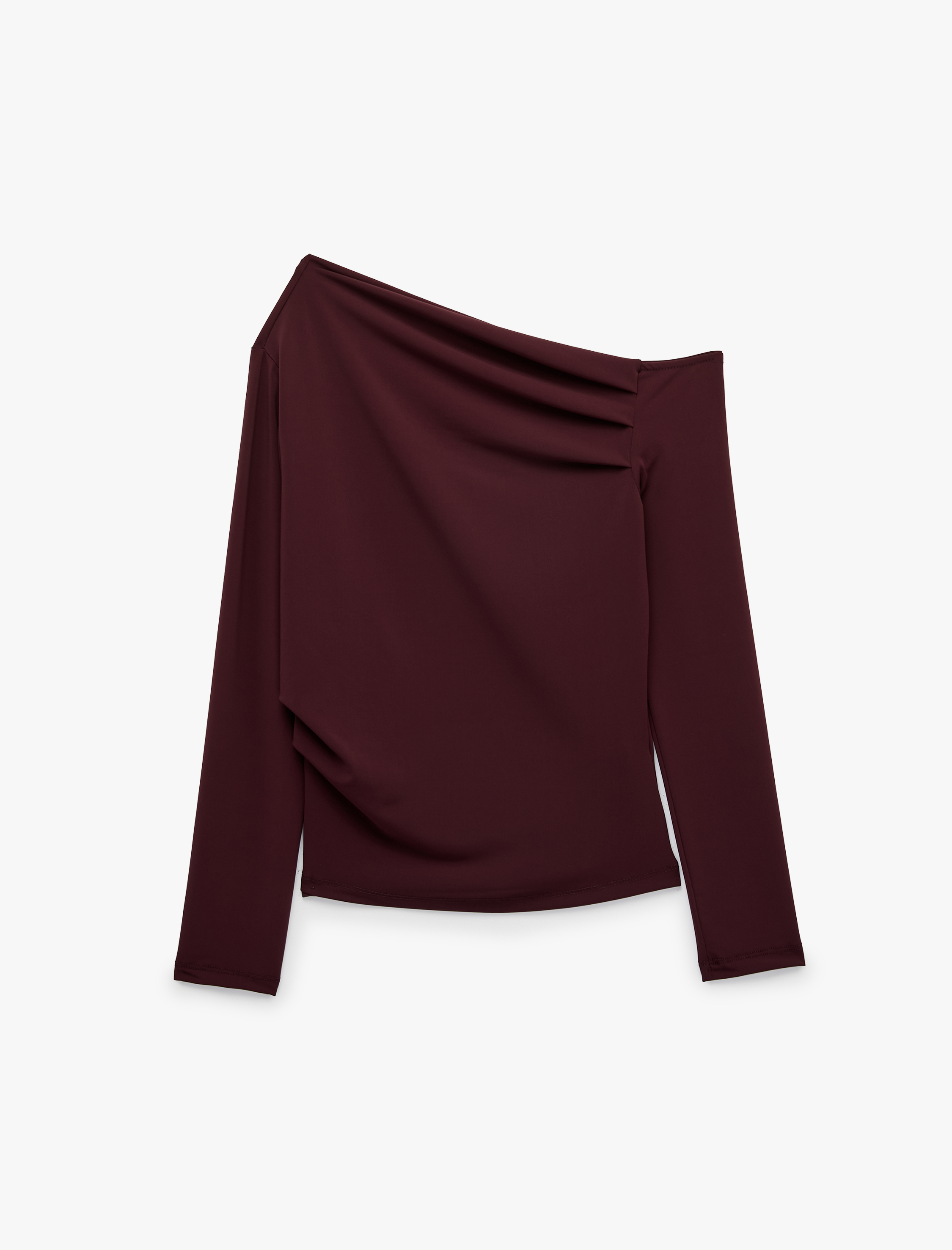   Slim Fit Drapeli Asimetrik Kesim Uzun Kollu Tek Omuz Tişört