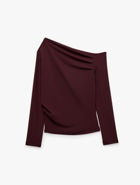 Slim Fit Drapeli Asimetrik Kesim Uzun Kollu Tek Omuz Tişört
