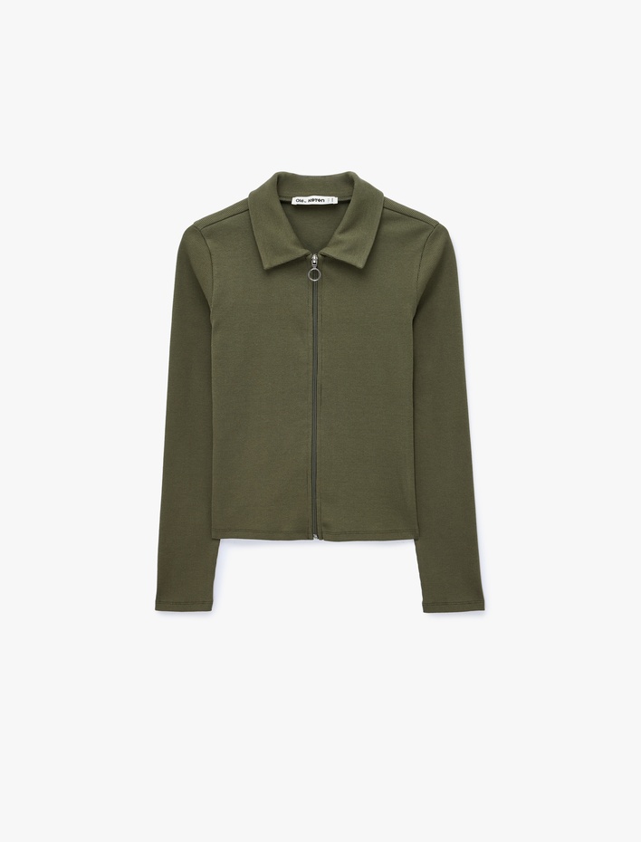  Pamuklu Slim Fit Fermuarlı Uzun Kollu Kaşkorse Polo Yaka Tişört