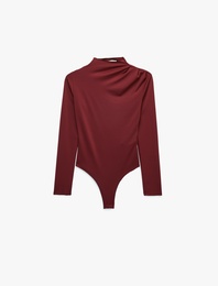 Slim Fit Uzun Kollu Drape Detaylı Hafif Dik Yaka Bodysuit