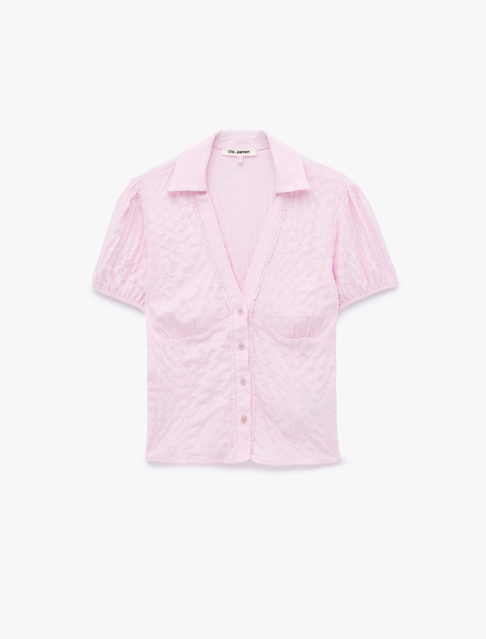  V Yaka Balon Kollu Viskon Slim Fit Gömlek