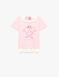 Pembe Panter Baskılı Kısa Kollu Bisiklet Yaka Pamuklu Lisanslı Tişört