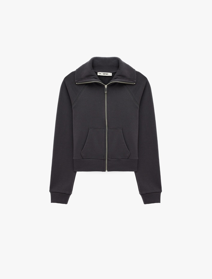  Pamuklu Uzun Kollu Cep Detaylı Slim Fit Fermuarlı Sweatshirt