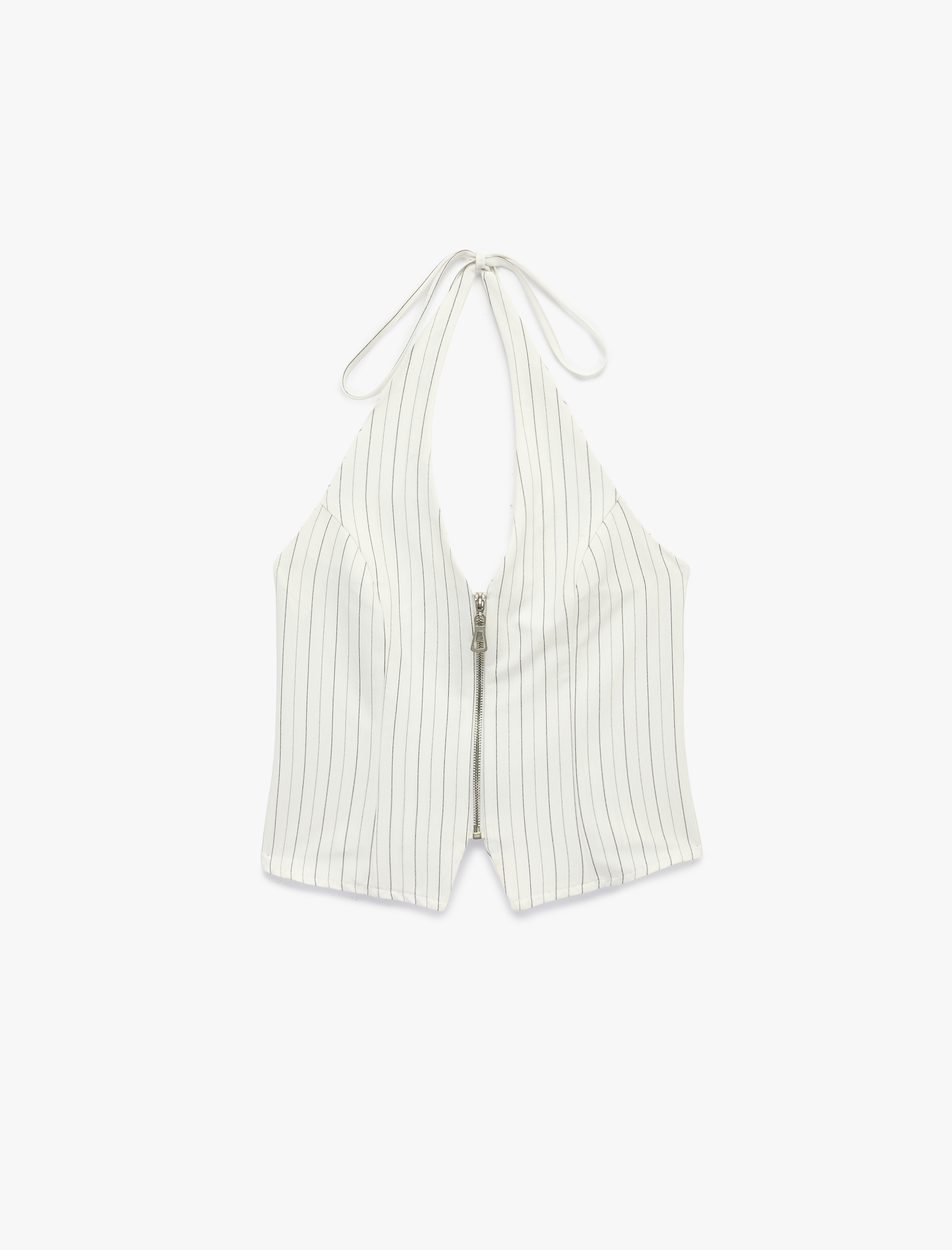   Fermuar Detaylı Çizgili Halter Yaka Kolsuz Crop Bluz