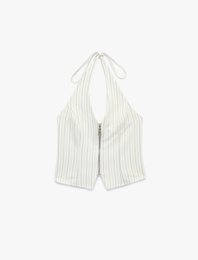 Fermuar Detaylı Çizgili Halter Yaka Kolsuz Crop Bluz