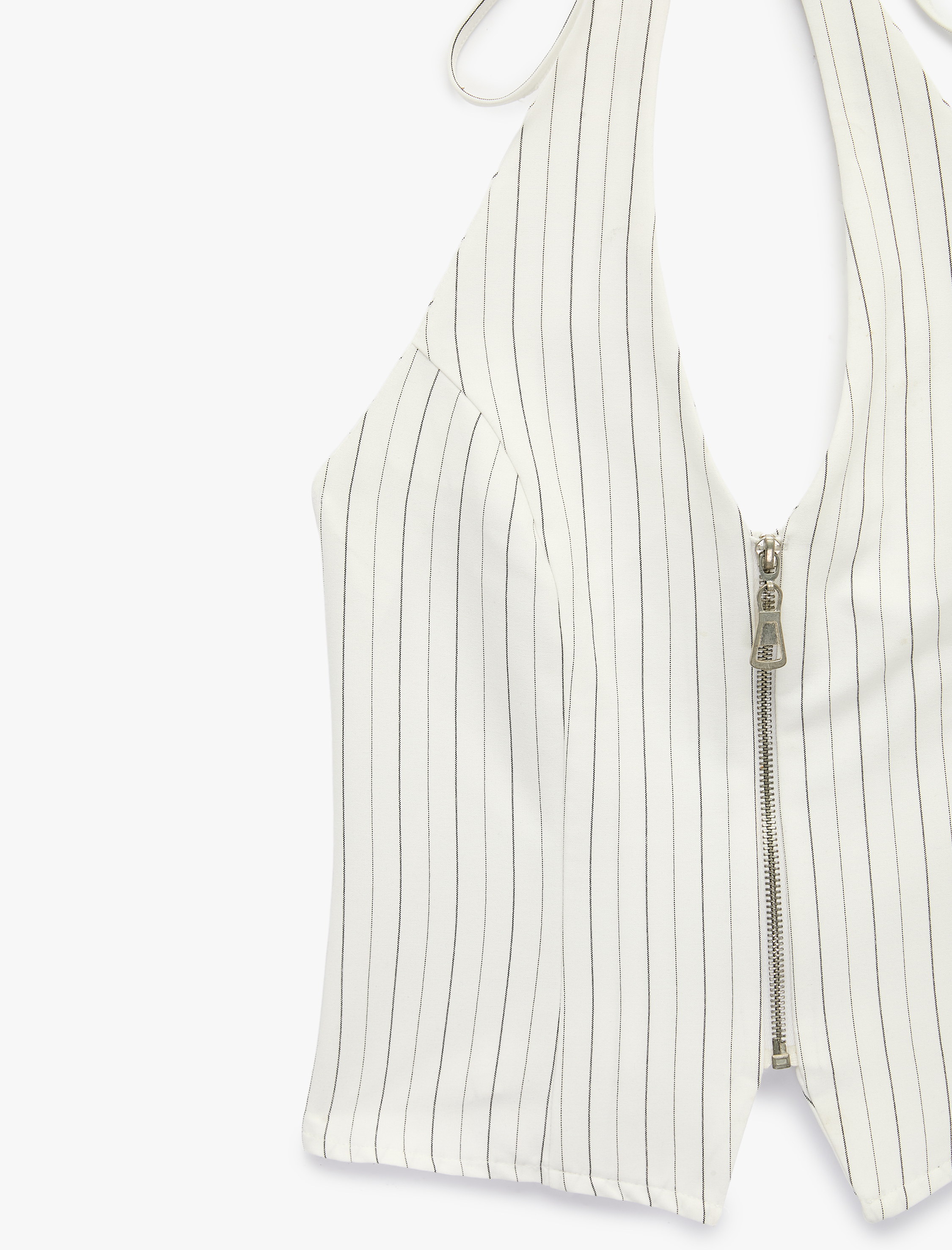   Fermuar Detaylı Çizgili Halter Yaka Kolsuz Crop Bluz