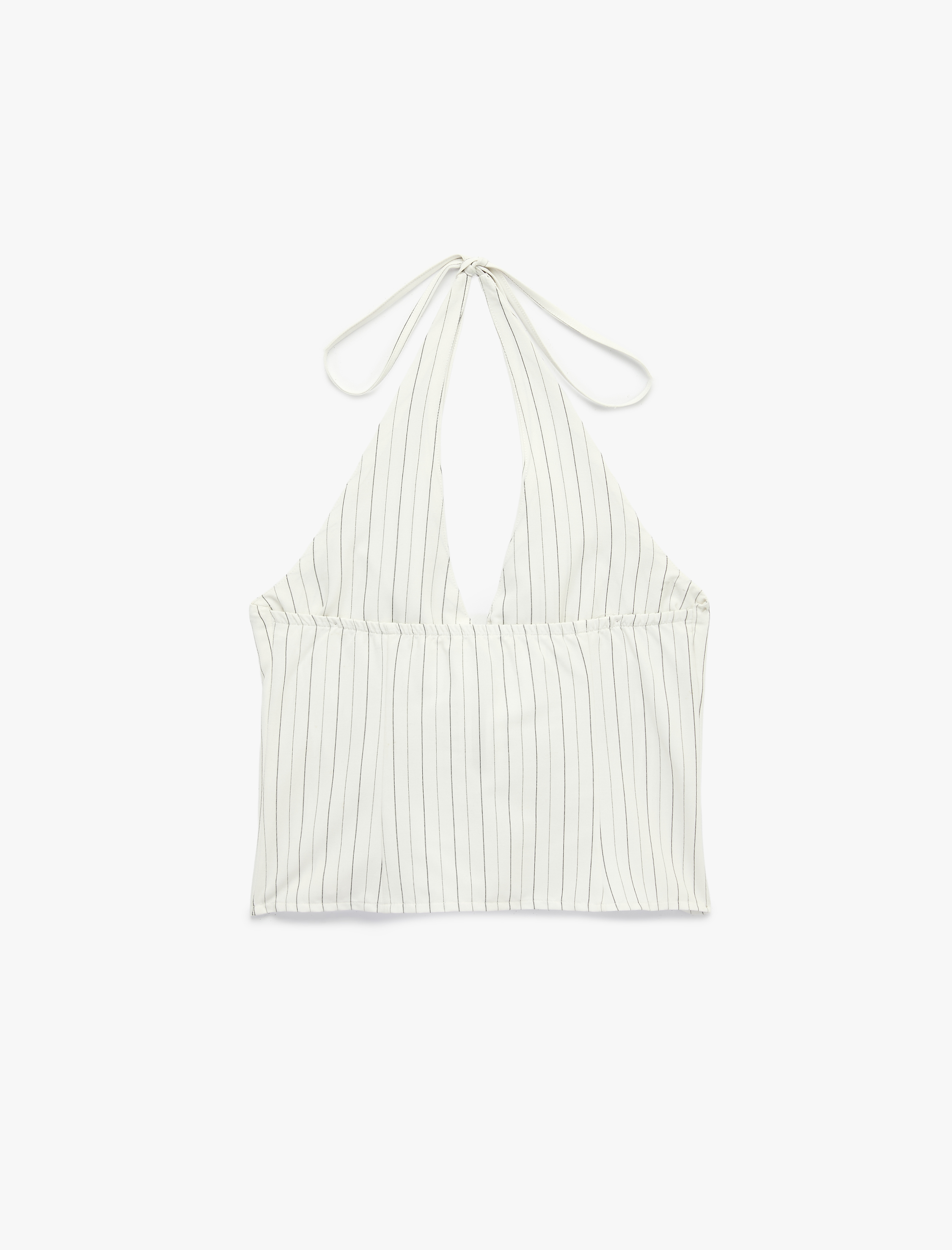   Fermuar Detaylı Çizgili Halter Yaka Kolsuz Crop Bluz