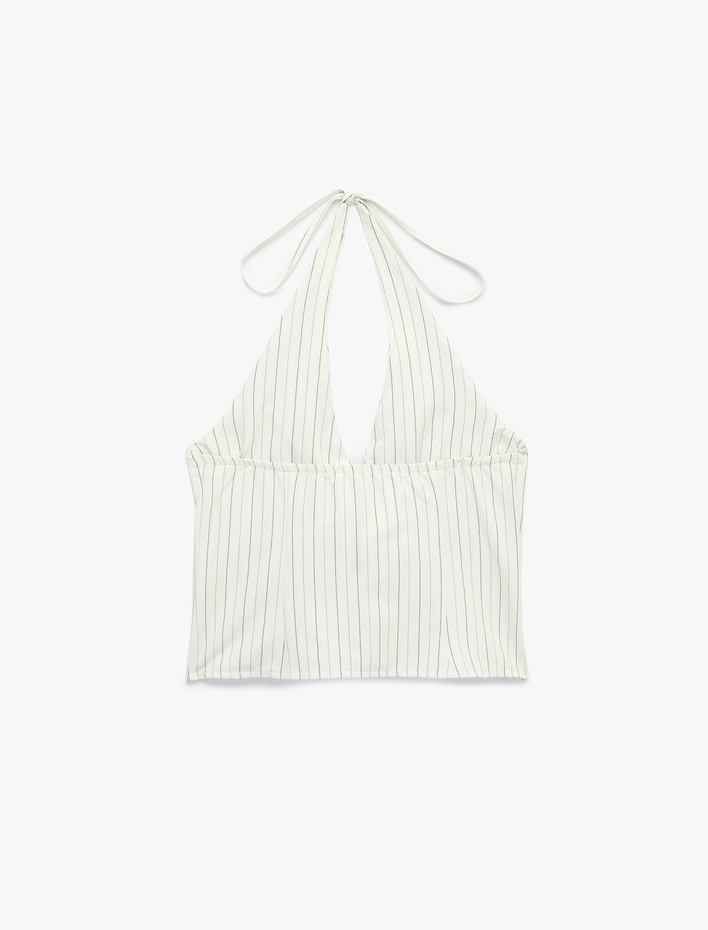  Fermuar Detaylı Çizgili Halter Yaka Kolsuz Crop Bluz