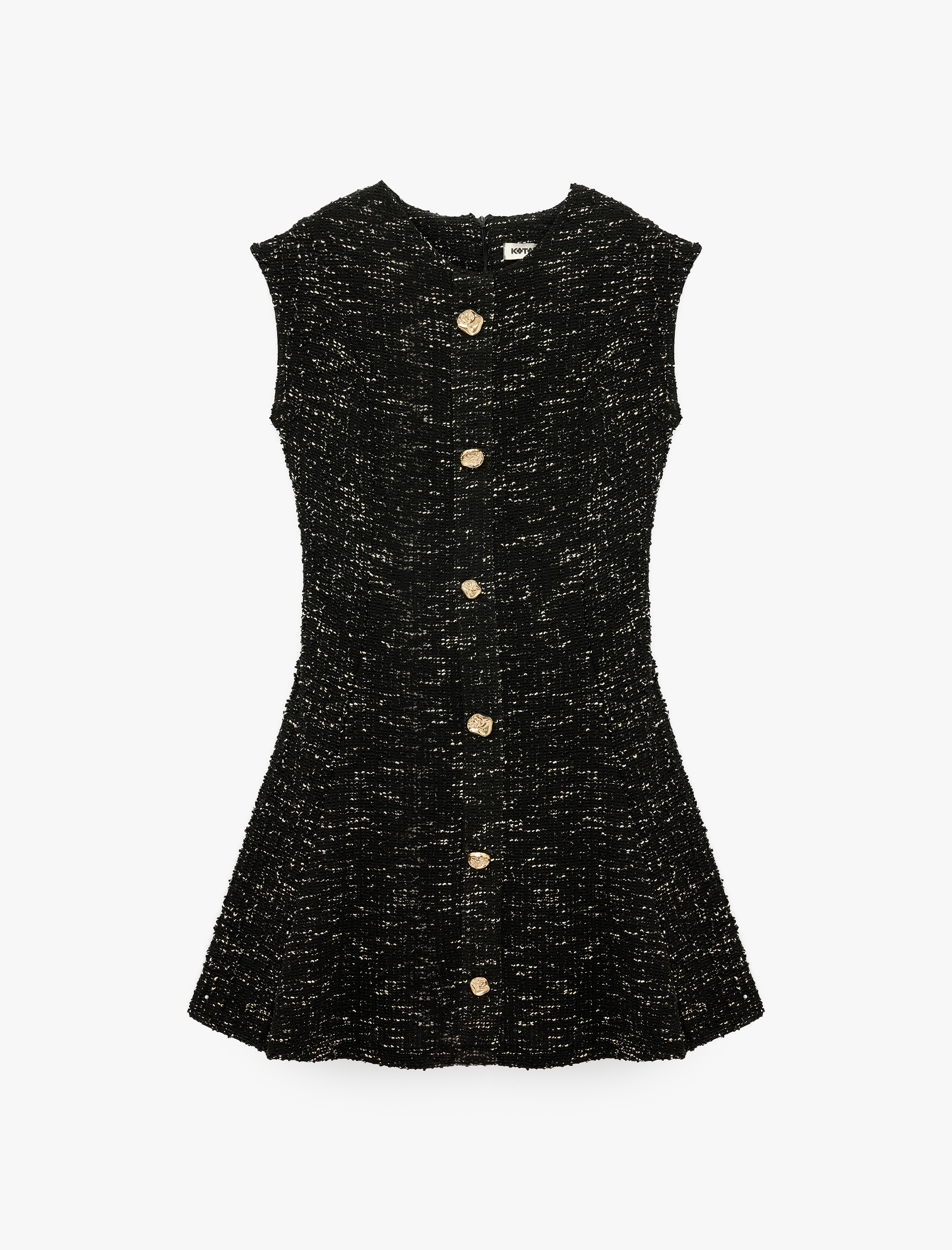   Slim Fit Mücevher Düğmeli Bisiklet Yaka Kolsuz Tüvit Mini Kloş Elbise