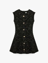 Slim Fit Mücevher Düğmeli Bisiklet Yaka Kolsuz Tüvit Mini Kloş Elbise