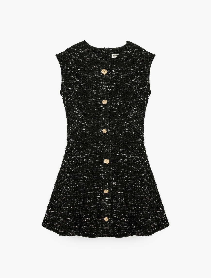 Koton Kadın Slim Fit Mücevher Düğmeli Bisiklet Yaka Kolsuz Tüvit Mini Kloş Elbise