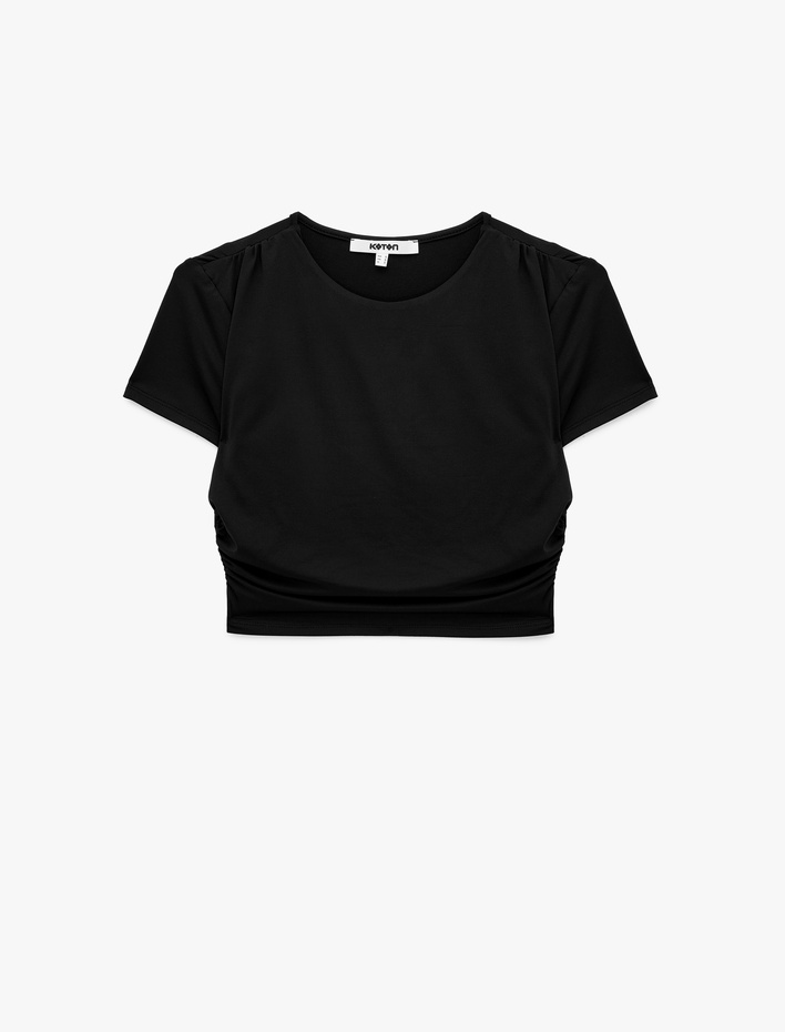  Drape Detaylı Slim Fit Bisiklet Yaka Kısa Kollu Crop Tişört