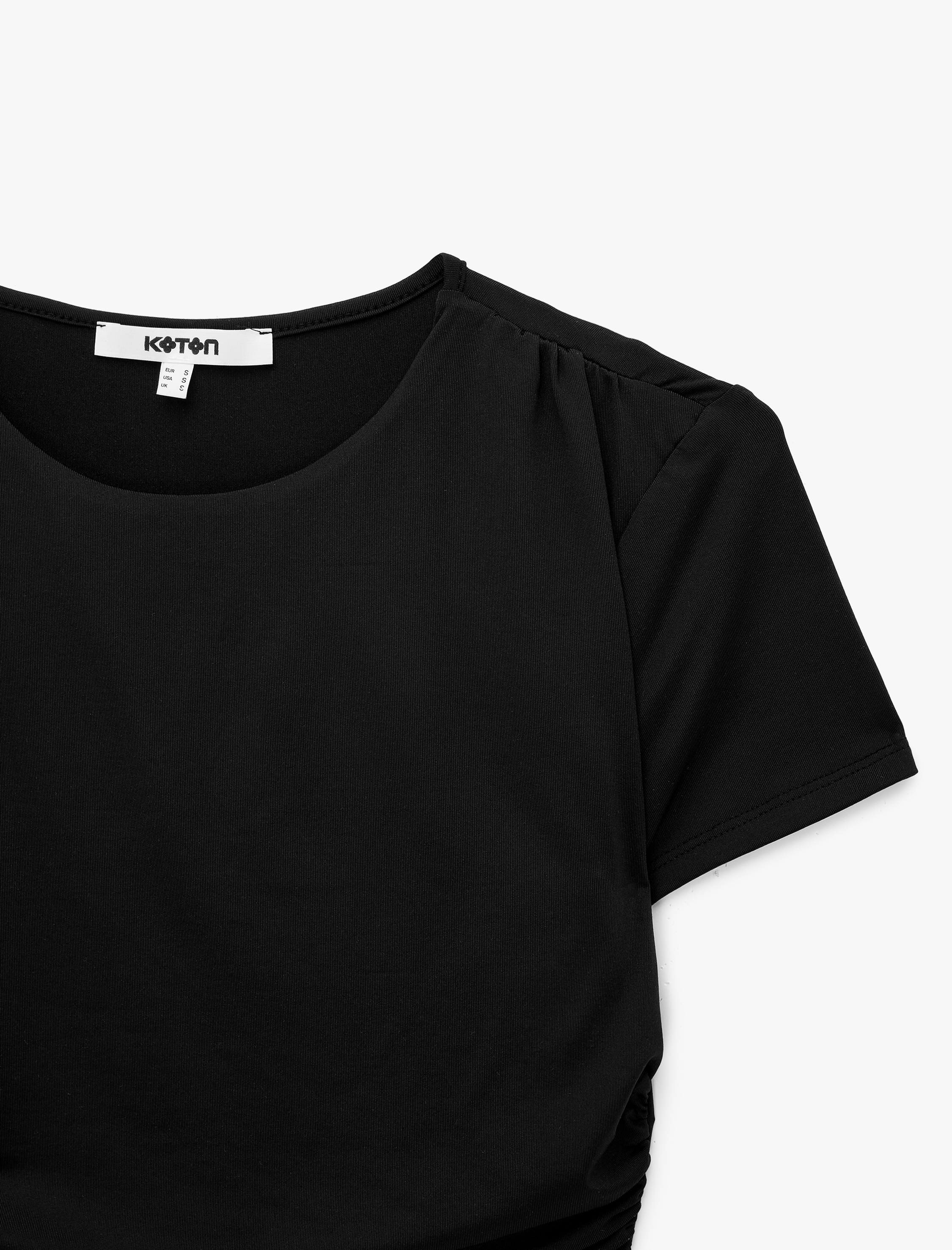   Drape Detaylı Slim Fit Bisiklet Yaka Kısa Kollu Crop Tişört
