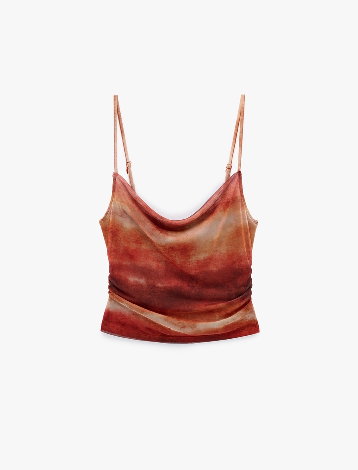  Batik Desenli Degaje Yaka İnce Askılı Tül Bluz