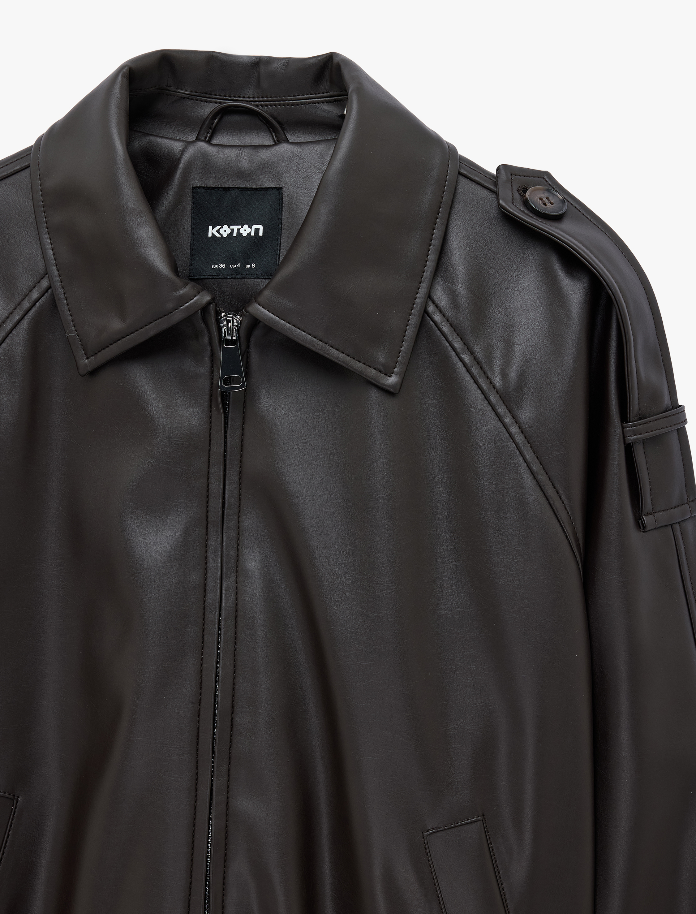   Uzun Kollu Apolet Detaylı Cepli Fermuarlı Suni Deri Oversize Bomber Ceket
