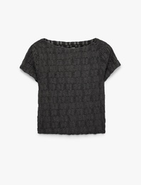 Bürümcük Kumaş Dokulu Slim Fit Kayık Yaka Kısa Kollu Tişört