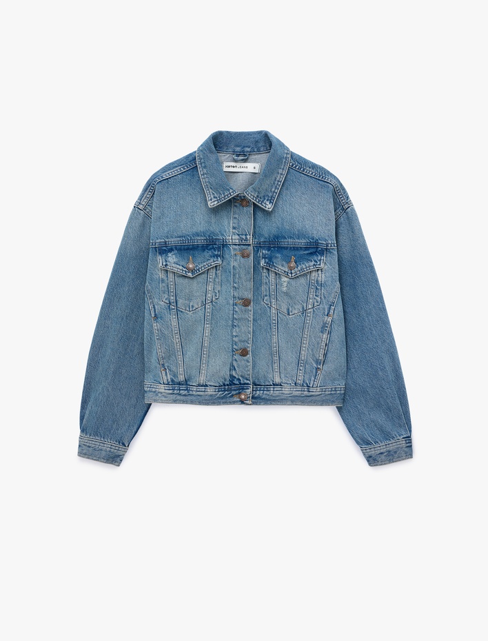  Pamuklu Gömlek Yaka Uzun Kollu Denim Ceket