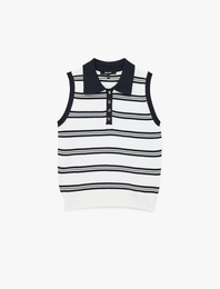 Düğmeli Çizgili Polo Yaka Kolsuz Triko Top
