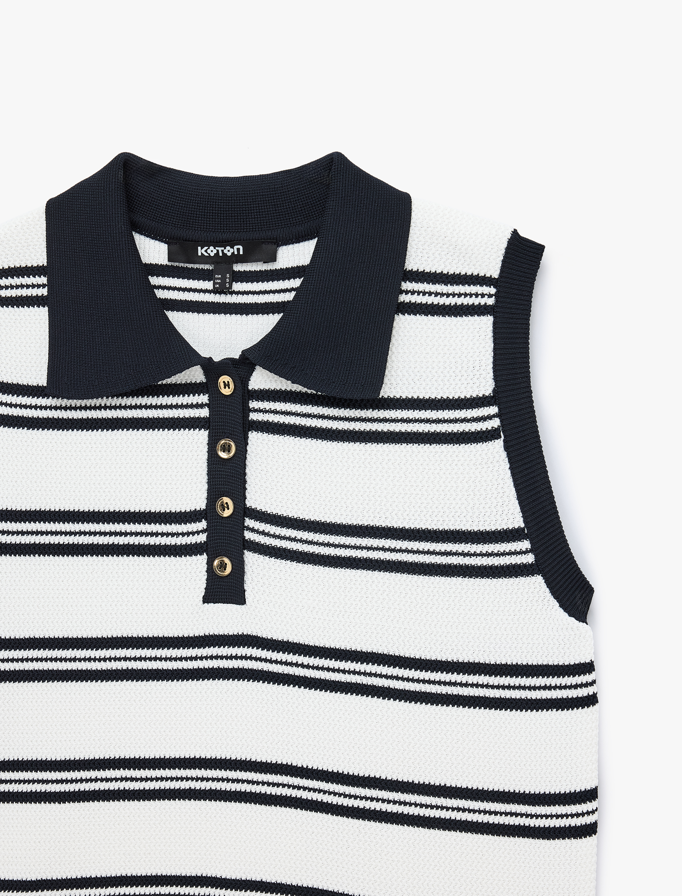   Düğmeli Çizgili Polo Yaka Kolsuz Triko Top
