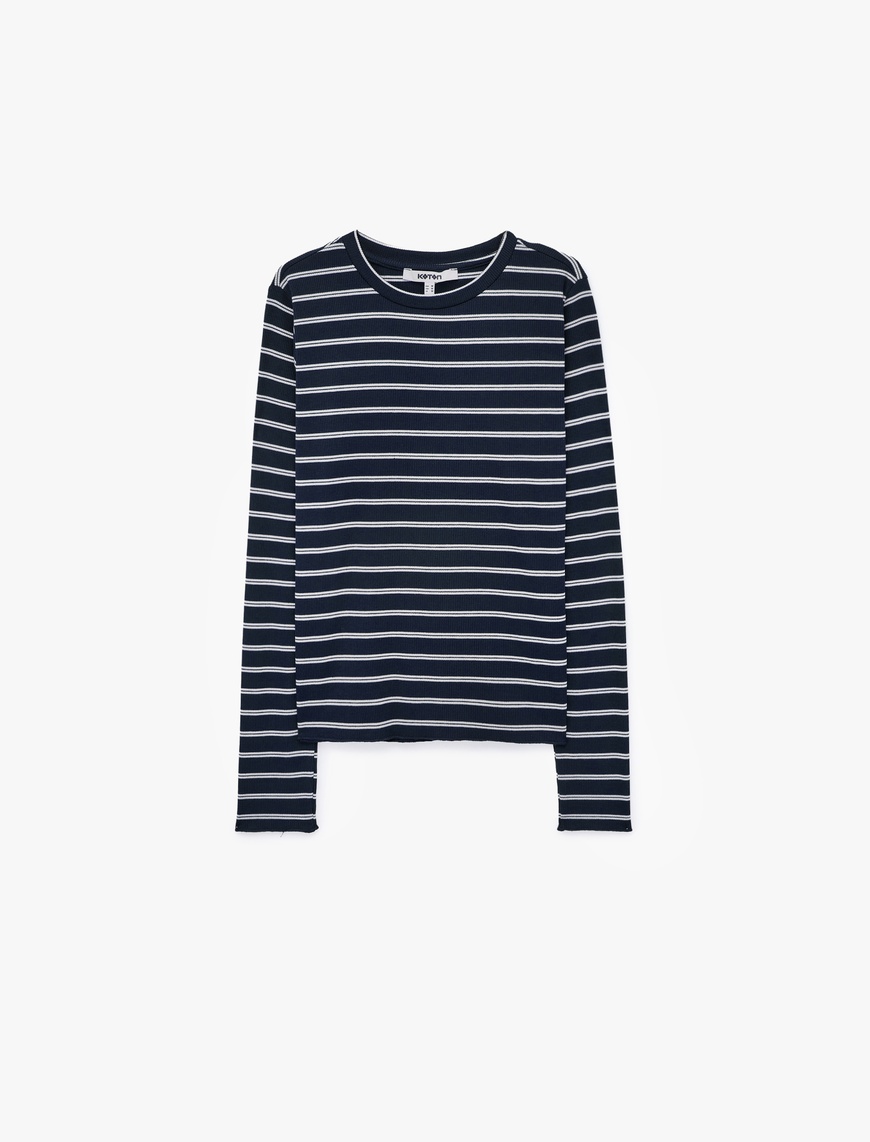Koton Kadın Slim Fit Bisiklet Yaka Uzun Kollu Çizgili Tişört