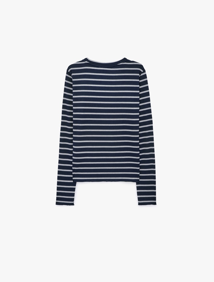  Slim Fit Bisiklet Yaka Uzun Kollu Çizgili Tişört
