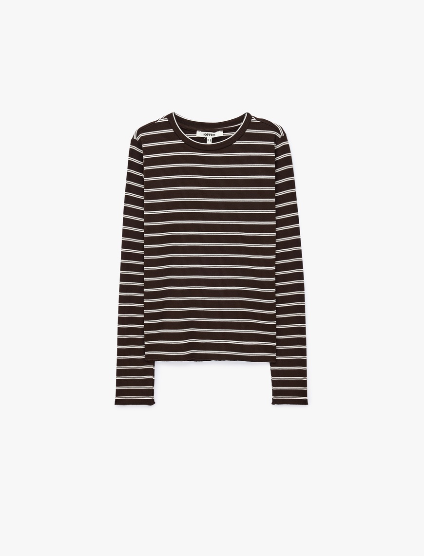 Koton Kadın Slim Fit Bisiklet Yaka Uzun Kollu Çizgili Tişört