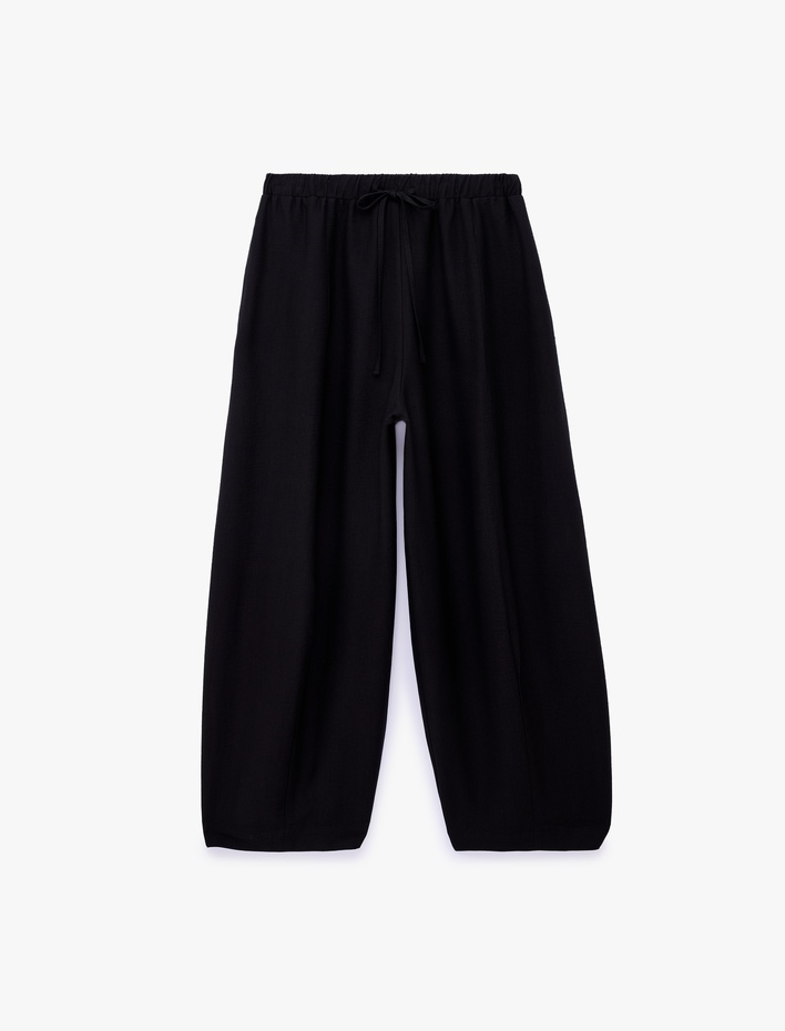  Viskon Kumaş Beli Bağcıklı Loose Fit Cepli Balon Pantolon