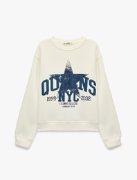 Şardonlu Bisiklet Yaka Uzun Kollu Rahat Kalıp Baskılı Sweatshirt