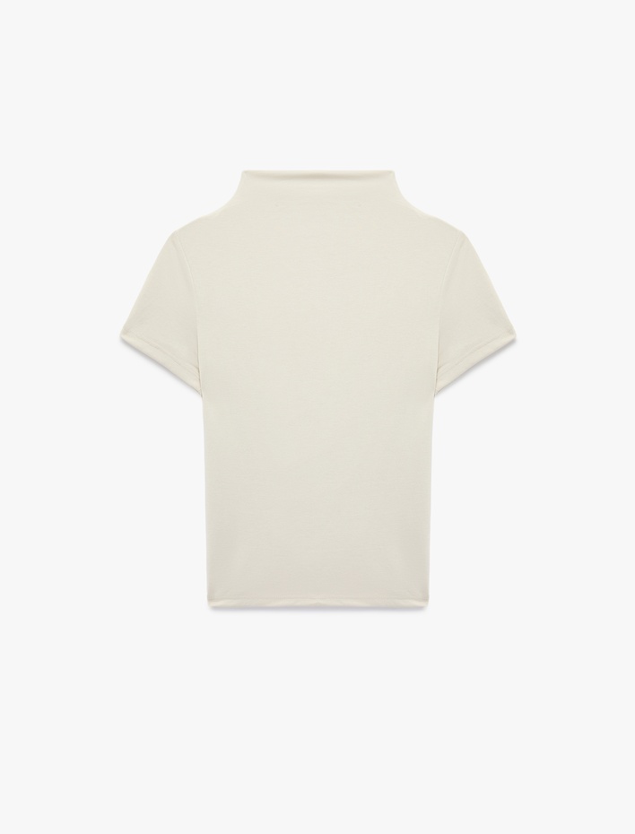  Modal Kumaş Slim Fit Drapeli Kısa Kollu Geniş Dik Yaka Bluz