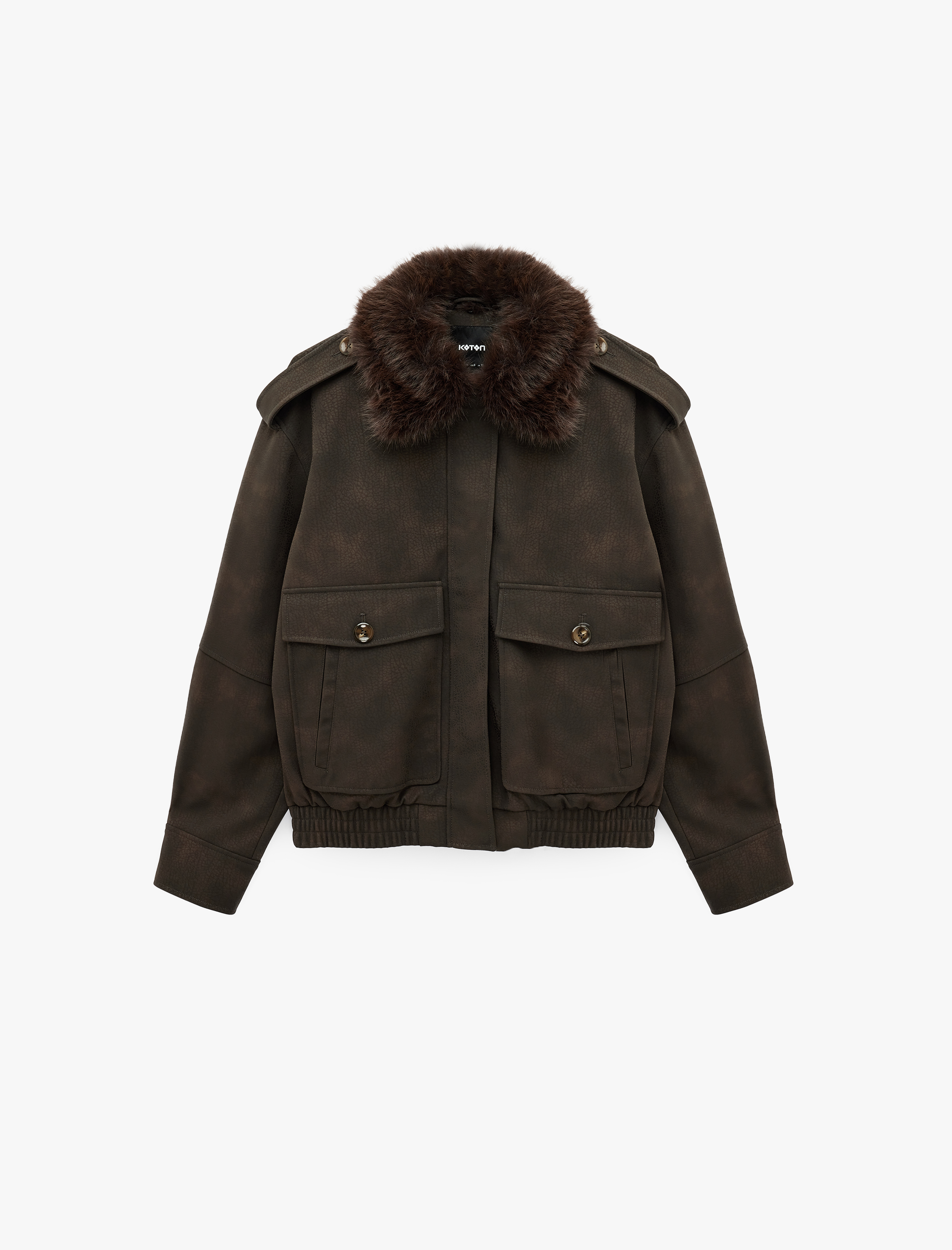  Uzun Kollu Fermuarlı Suni Kürk Yaka Detaylı Suni Süet Ceket