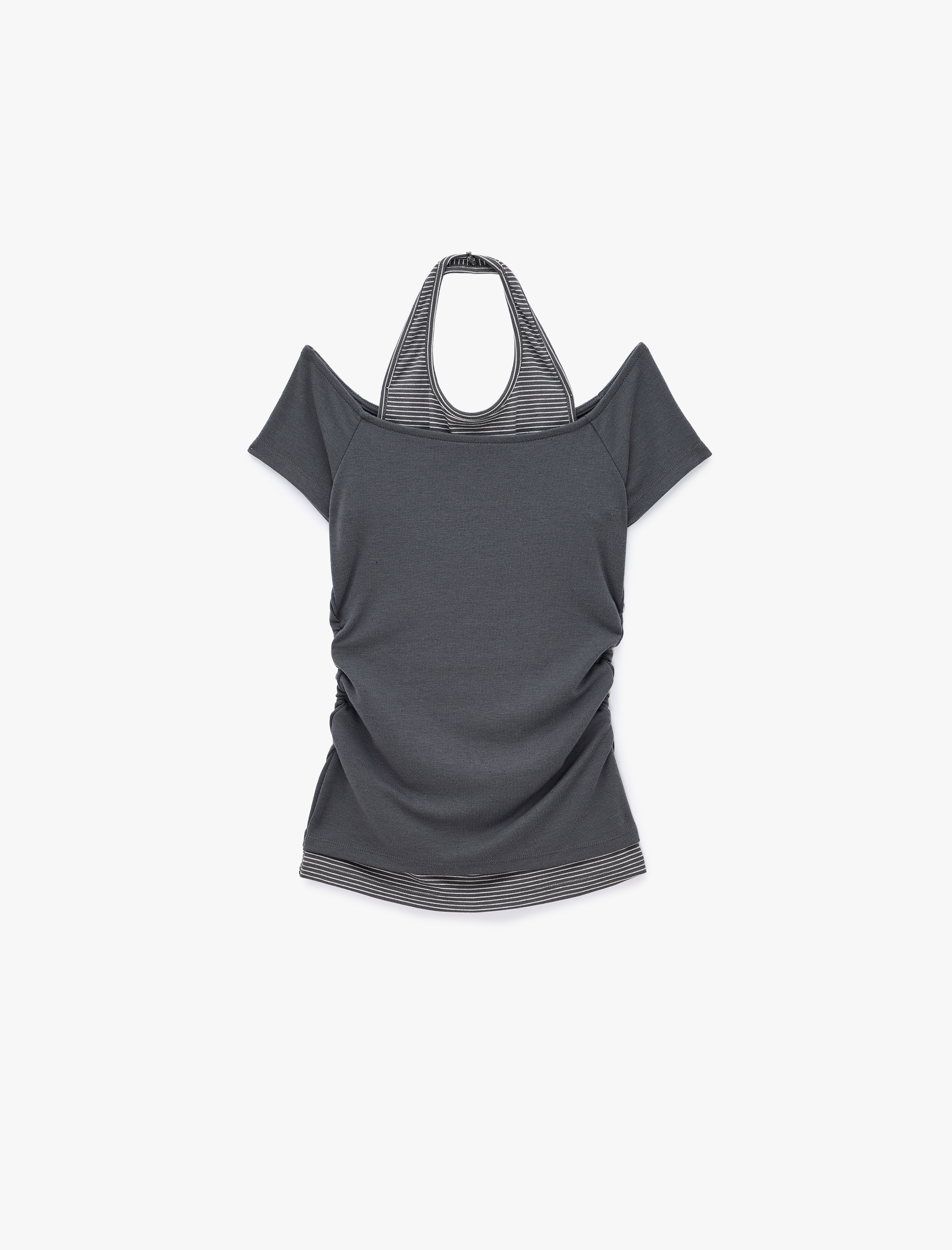   Viskon Slim Fit Omzu Açık Kısa Kollu Halter Yaka Tişört