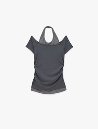 Viskon Slim Fit Omzu Açık Kısa Kollu Halter Yaka Tişört