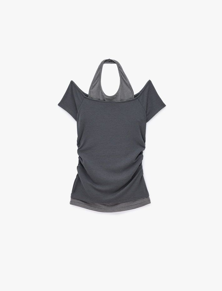  Viskon Slim Fit Omzu Açık Kısa Kollu Halter Yaka Tişört