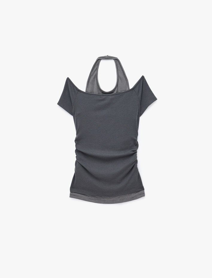  Viskon Slim Fit Omzu Açık Kısa Kollu Halter Yaka Tişört