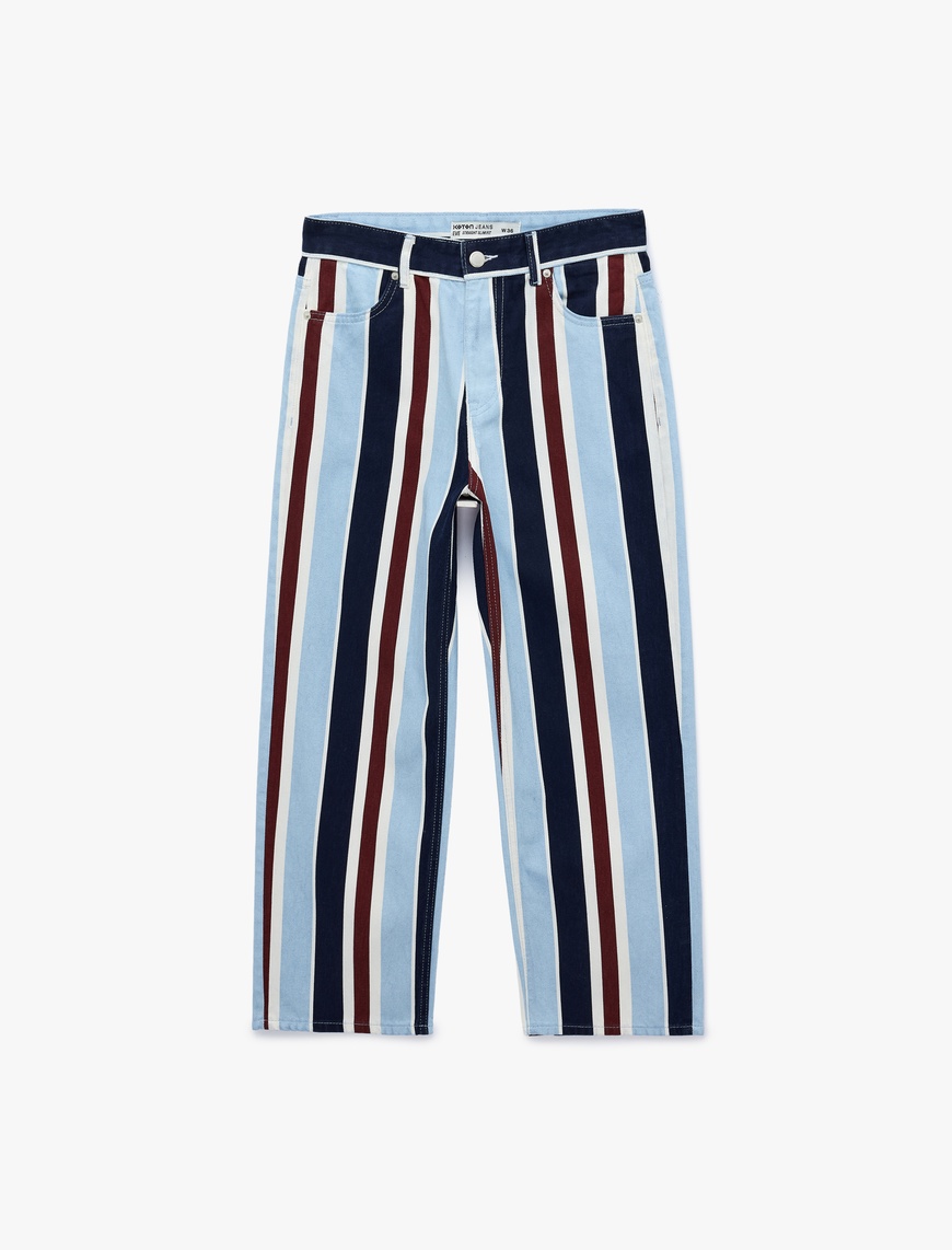 Koton Kadın Çizgili Pamuklu Straight Denim Pantolon - Straight Jeans