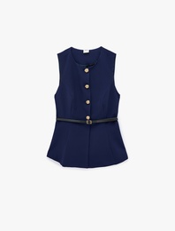 Slim Fit Bisiklet Yaka Kemerli Peplum Yelek