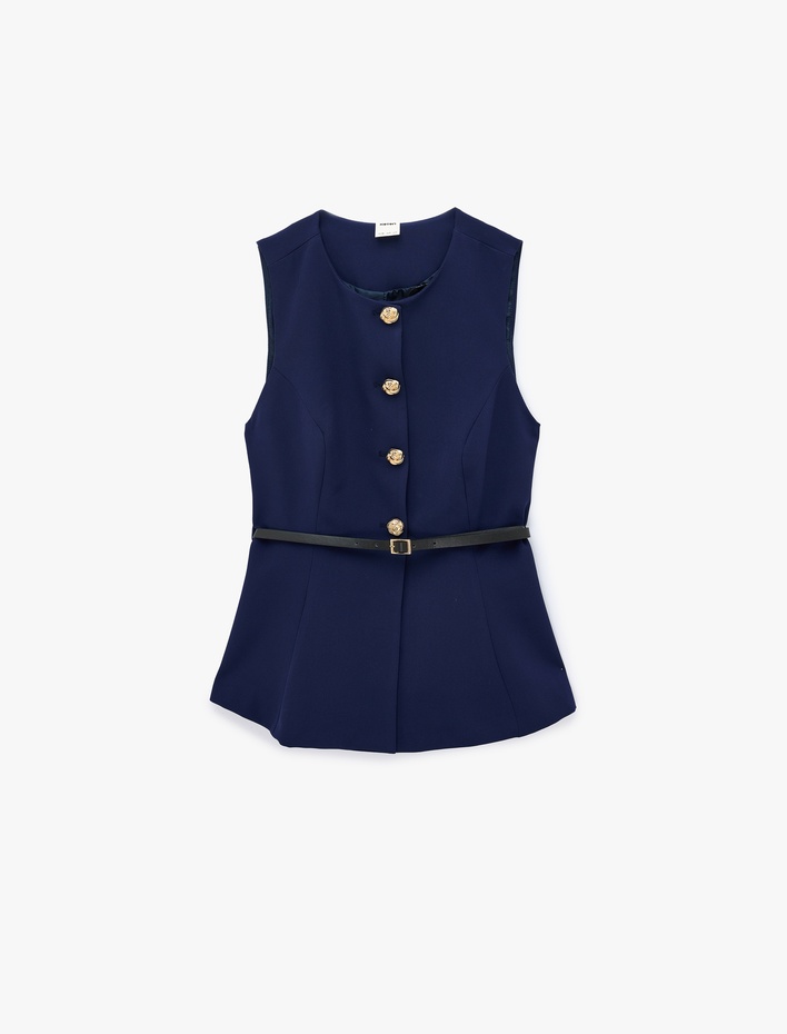  Slim Fit Bisiklet Yaka Kemerli Peplum Yelek