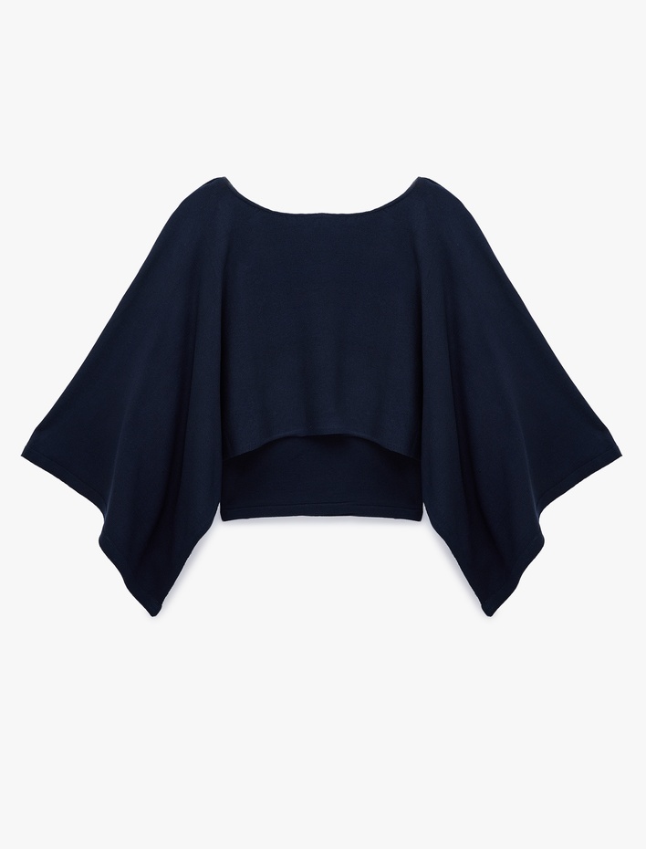  Kayık Yaka 3/4 Yarasa Kol Crop Triko Kazak