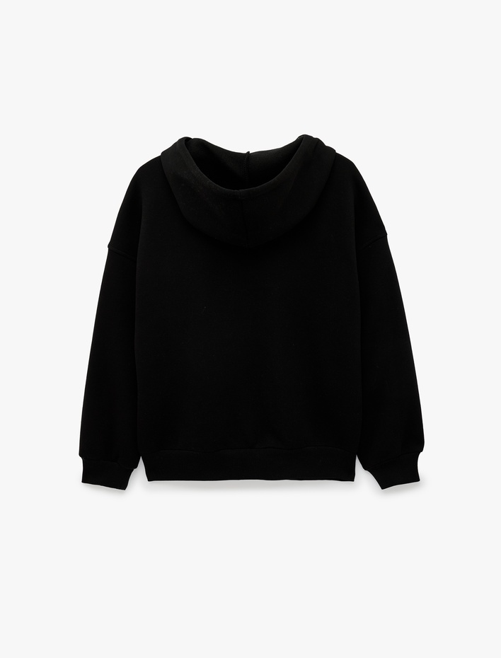  Üç İplik Şardonlu Uzun Kollu Kapüşonlu Baskılı Fermuarlı Sweatshirt