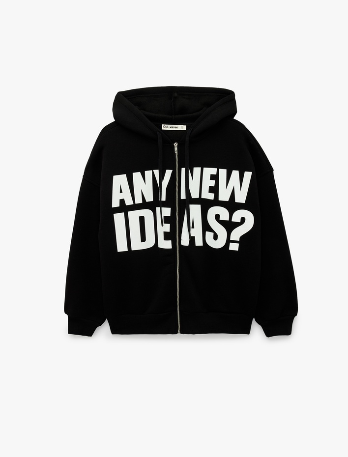  Üç İplik Şardonlu Uzun Kollu Kapüşonlu Baskılı Fermuarlı Sweatshirt