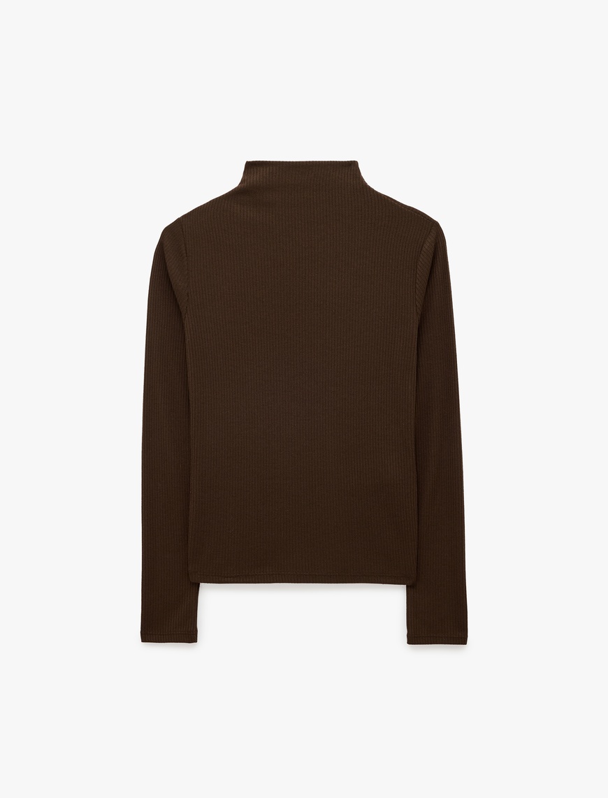 Koton Kadın Kaşkorse Kumaş Slim Fit Uzun Kollu Dik Yaka Fitilli Tişört