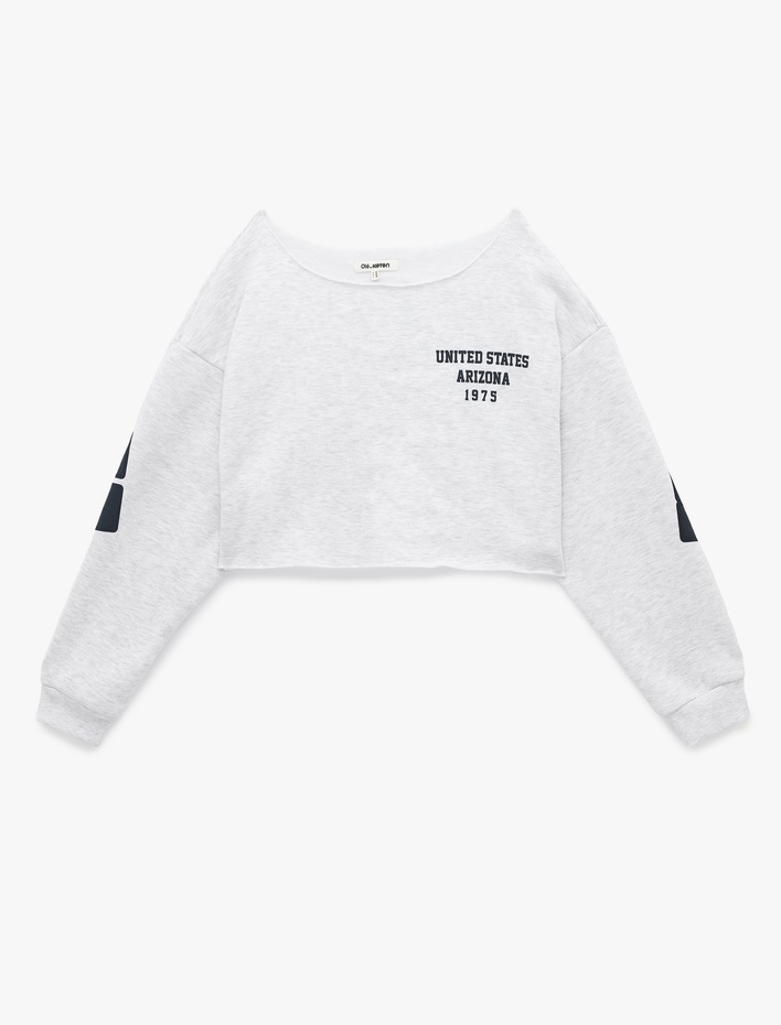  Rahat Kalıp Üç İplik Şardonlu Kayık Yaka Uzun Kollu Baskılı Crop Sweatshirt
