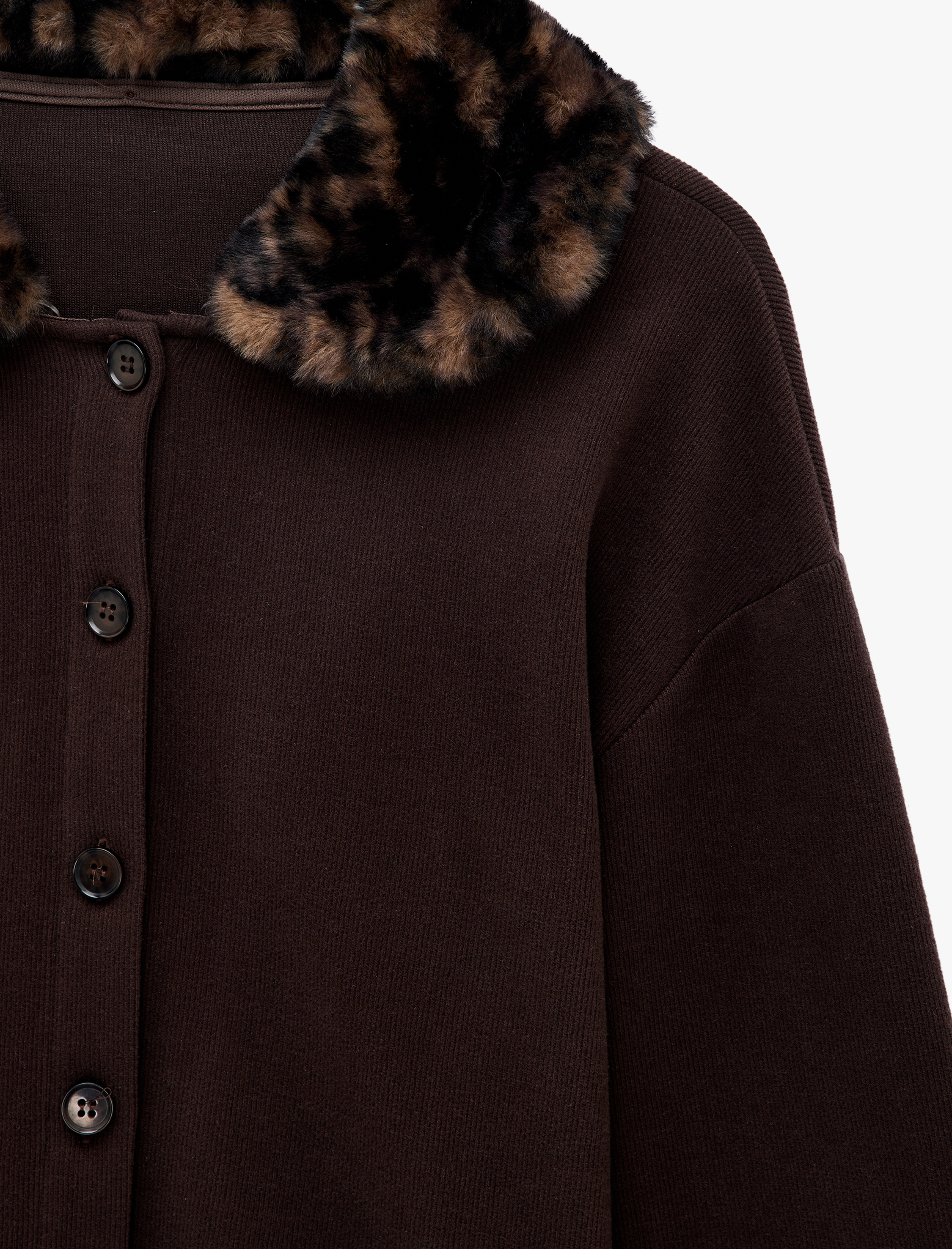   Uzun Kollu Slim Fit Leopar Desenli Suni Kürk Yaka Detaylı Hırka