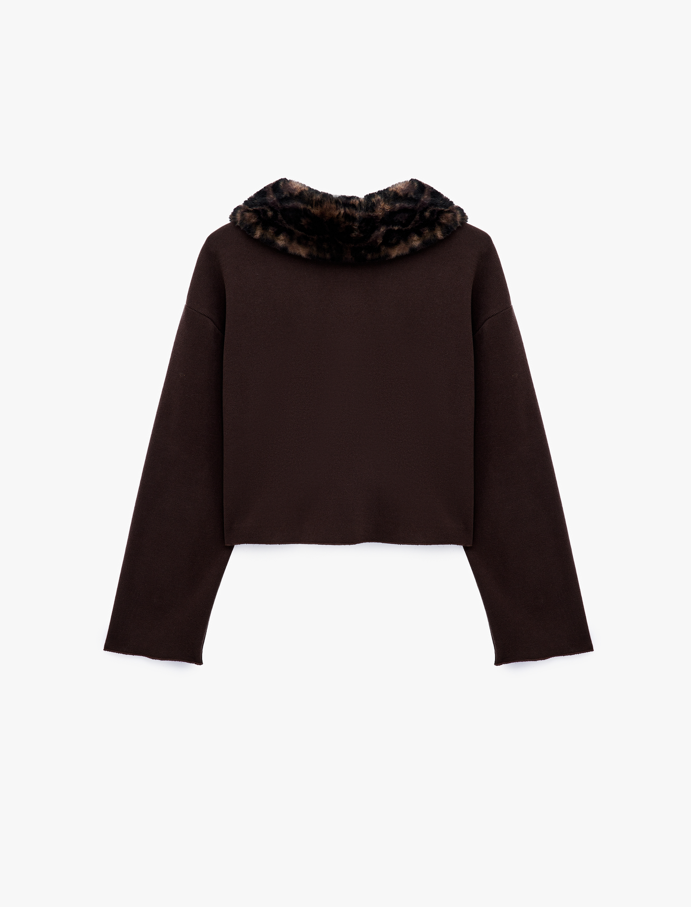   Uzun Kollu Slim Fit Leopar Desenli Suni Kürk Yaka Detaylı Hırka