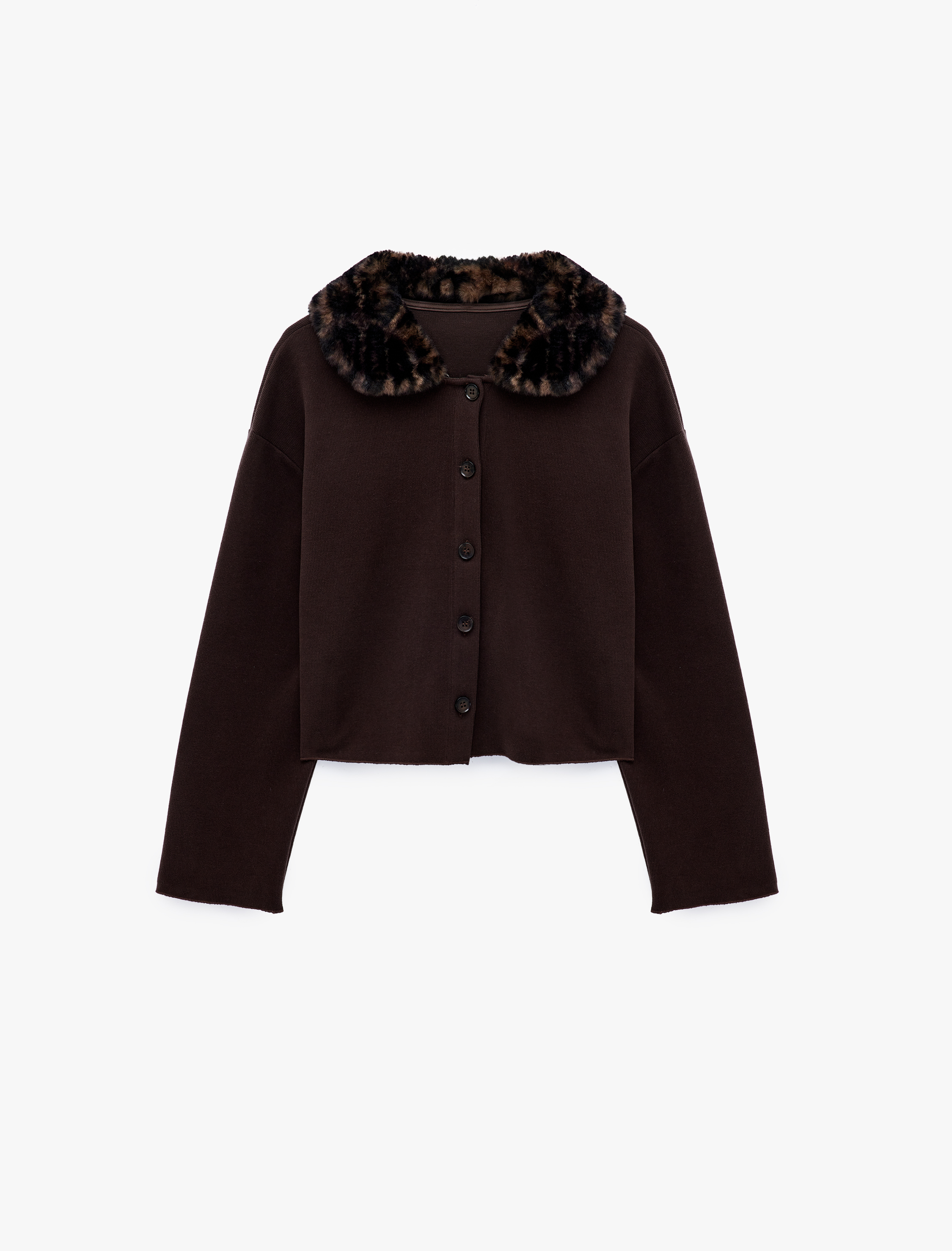   Uzun Kollu Slim Fit Leopar Desenli Suni Kürk Yaka Detaylı Hırka