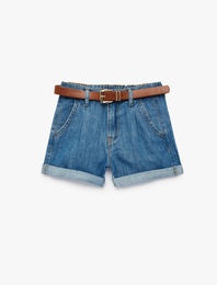 Yüksek Bel Katlamalı Kemer Detaylı Denim Şort
